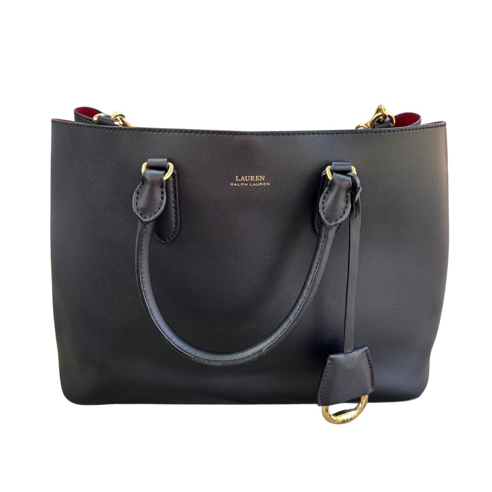 Lauren Ralph Lauren Marcy II Black Leather Satchel Tote Bag Red Interior Gold HW